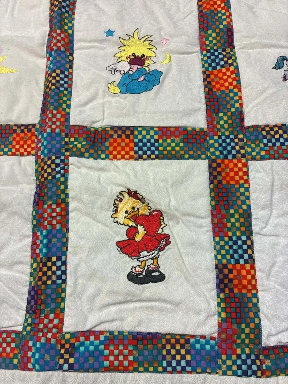 Vintage Handmade Baby Quilt with Embroidered Animals and Multi-Color Patchwork B